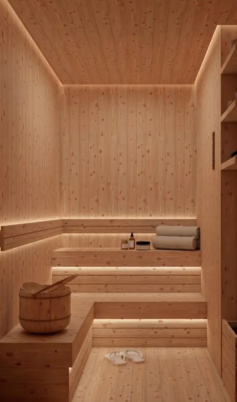 Sauna em madeira com prateleiras